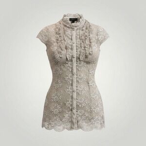 Licorice Lace Sheer Blouse Women Small Beige Ruffle Coquette Victorian Romantic